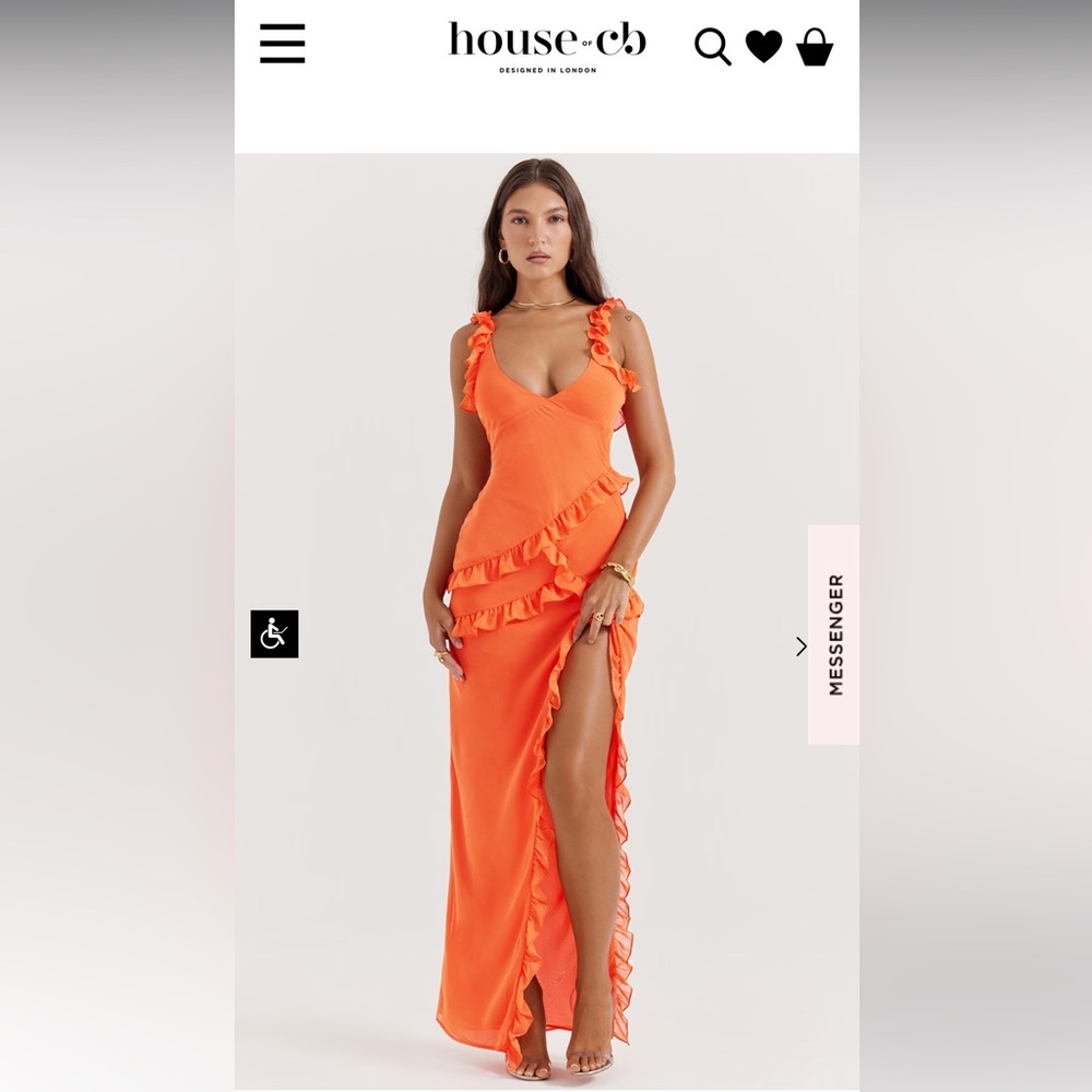 NWOT House of CB PIXIE FLAME ORANGE RUFFLE MAXI DRESS | Large | Regular Cup